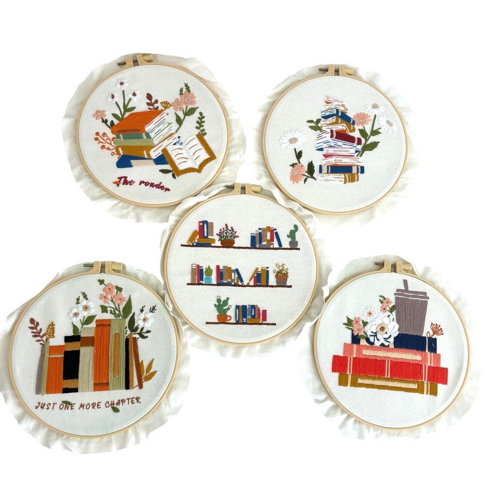 Handmade Book Embroidery Art Set 5pc Library Floral Just One More Chapter 8in